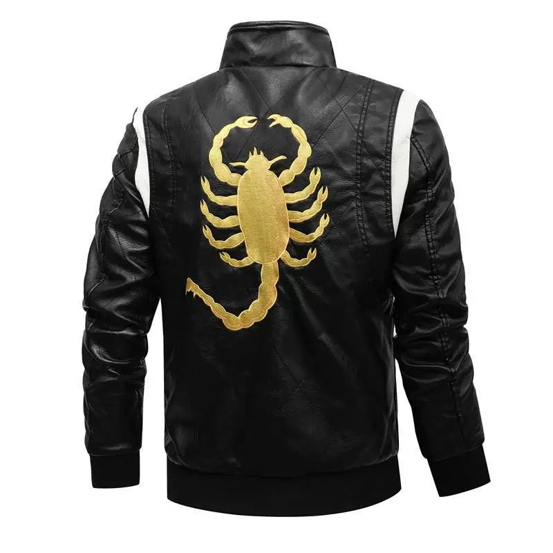 Autumn Winter Bomber Leather Jacket Men Scorpion Embroidery