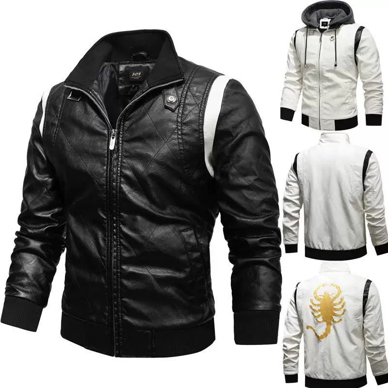 Autumn Winter Bomber Leather Jacket Men Scorpion Embroidery