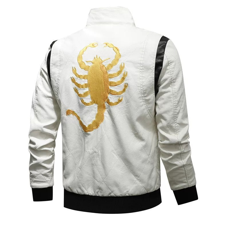 Autumn Winter Bomber Leather Jacket Men Scorpion Embroidery